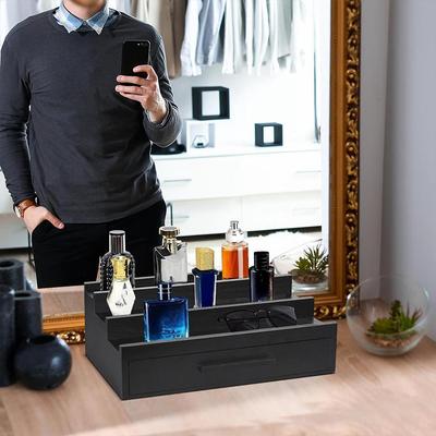 Organizador de perfumes de madera negra de 3 niveles con cajones, organizador de fragancias, estante de almacenamiento y exhibición para relojes de hombre, regalos (2025)