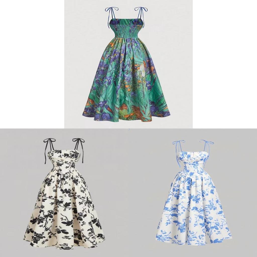 Vintage Flower Print Sleeveless A Line Dress With High Waist For Casual Summer Wear