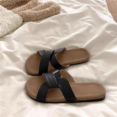 Flache Sohle Kreuz Ein-Wort-Slipper Damen Sommerbekleidung 2025 neu Feenstil mit Rock Kreuz Strand Meer Sandalen