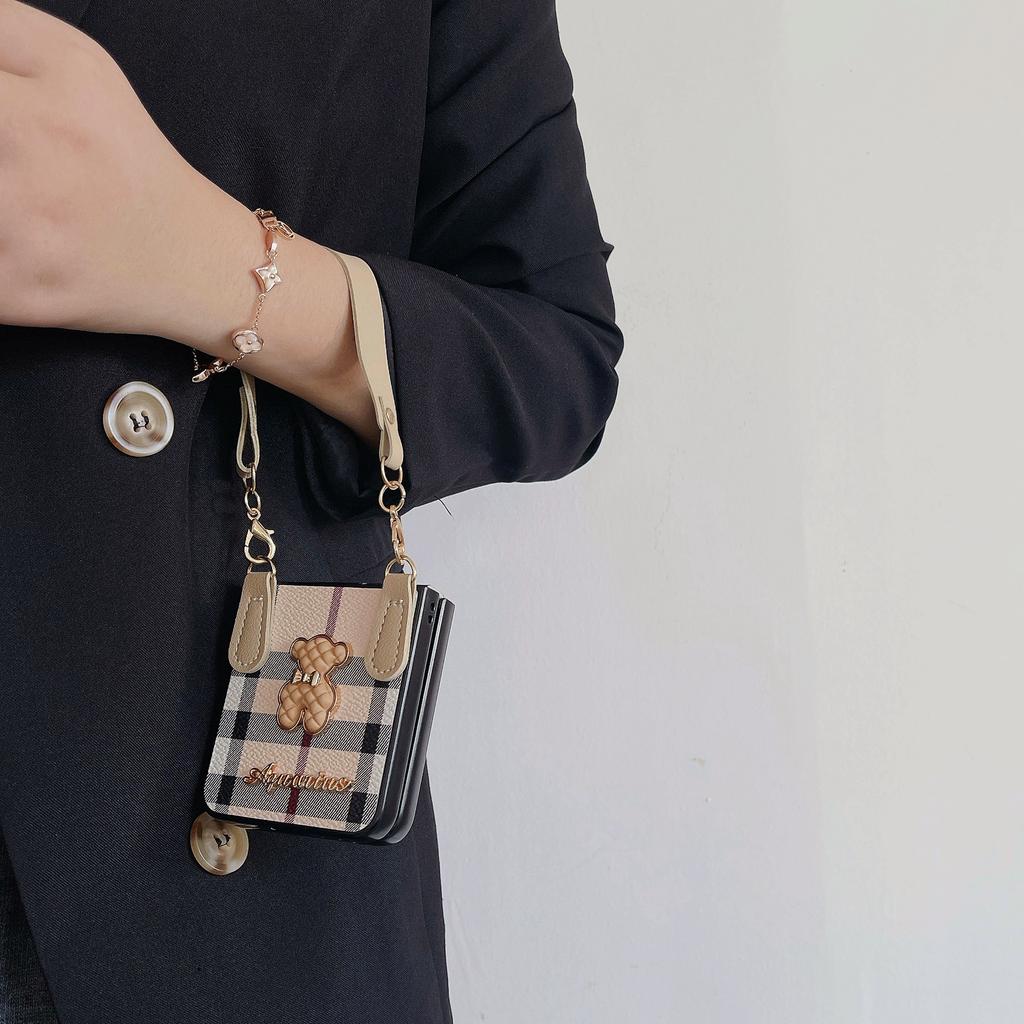 Cute Cartoon Bear Case For Samsung Galaxy Z Flip 5 4 3 Case with Hand Strap Fashion Plaid Pattern Leather Hard Case