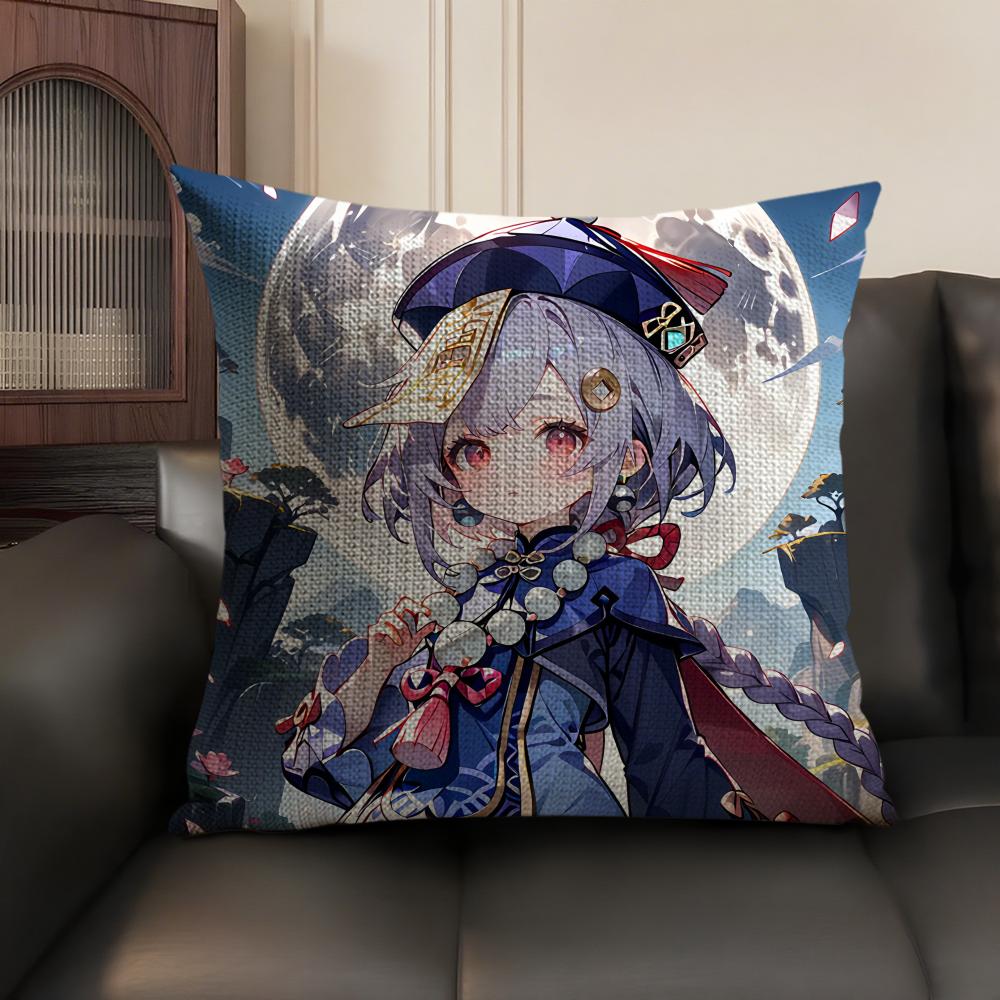 Qiqi Genshin Impact Cute Cushion Cover Natural Linen Organic Fabric DoubleSided Printing Sofa Home Decor Gift Pillow Case