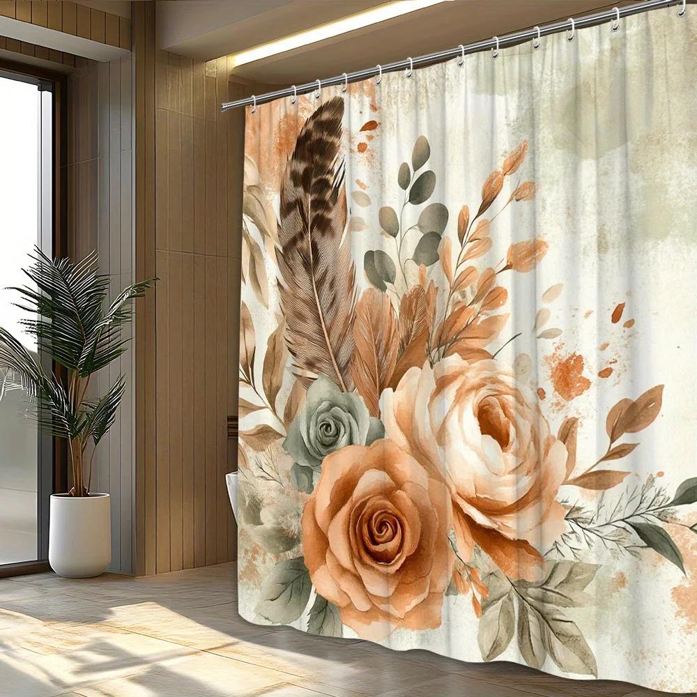 

1Pc Vintage-Inspired Floral & Feather Shower Curtain - Peach & Coral Roses, Muted Browns & Greens, Elegant Bathroom Decor W60H190(CM)-1 Pcs