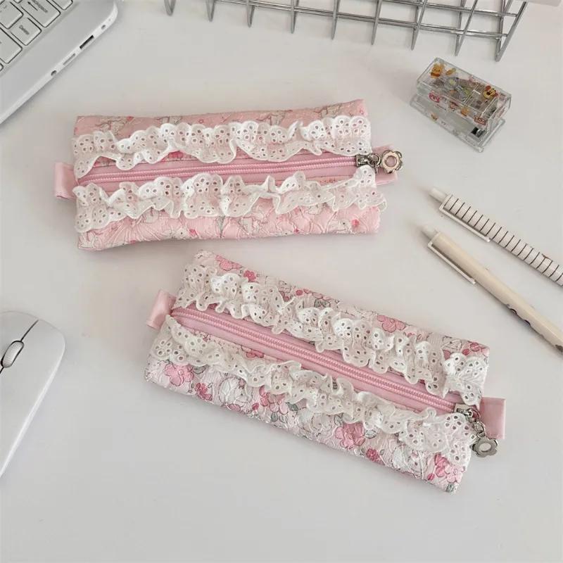 Cute Lace Ruffle Pencil Case for Kids Girl Sweet Cartoon Makeup Brush Organizer Large Capacity Soft Fabric Stationery Storage