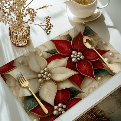 [Poinsettia Print Placemats] 8pcs Polyester Linen Rectangular Washable Table Mats -  Decorations for Daily/Valentine's Day/Mother's Day