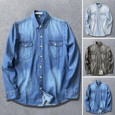 Men Shirt Solid Color Loose Long Sleeve Single-breasted Cardigan Warm Turn-down Collar Mid Length Autumn Denim Shirt for Daily Wear