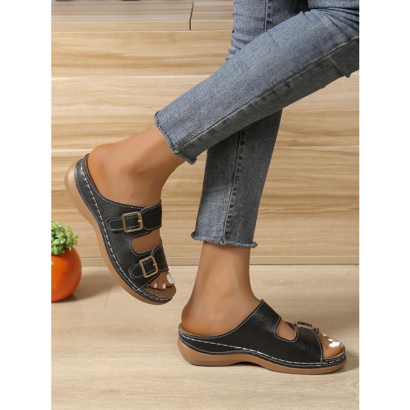 Women's New Multi-color Casual Cross-border Slipper with Cutout Metal Buckle Wedge