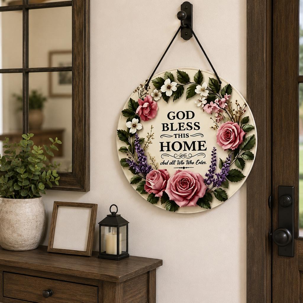 Round Floral Door Sign with Blessing Text Farmhouse Style Hanging Plaque for Home Entryway Porch Indoor Outdoor Decor