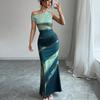 Vintage Tie-dye Sleeveless Suspender Dress Summer Female Beach Party Tank Dress Women Fashion Slanted Shoulder Slim Maxi Dresses