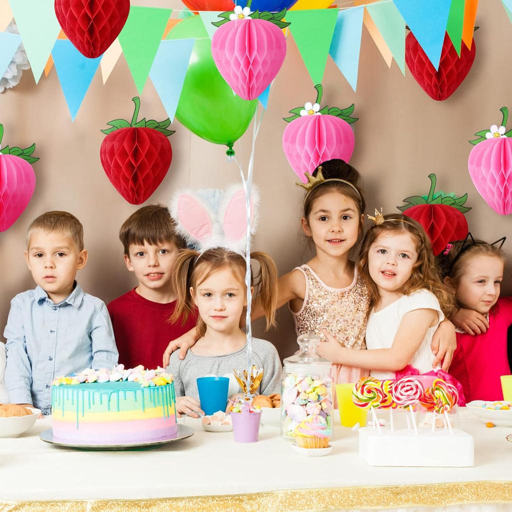 14 Pieces 6 Inches Strawberry Honeycomb Birthday Party Decorations Paper Strawberry Ball Tissue Shortcake Party Decorations for Girls Baby Shower