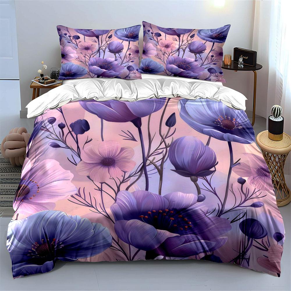 Elegant Purple Floral Three-Piece Set Kid'S And Adults' Bedroom Decor, Exquisite Three-Piece Bedding Set Gift