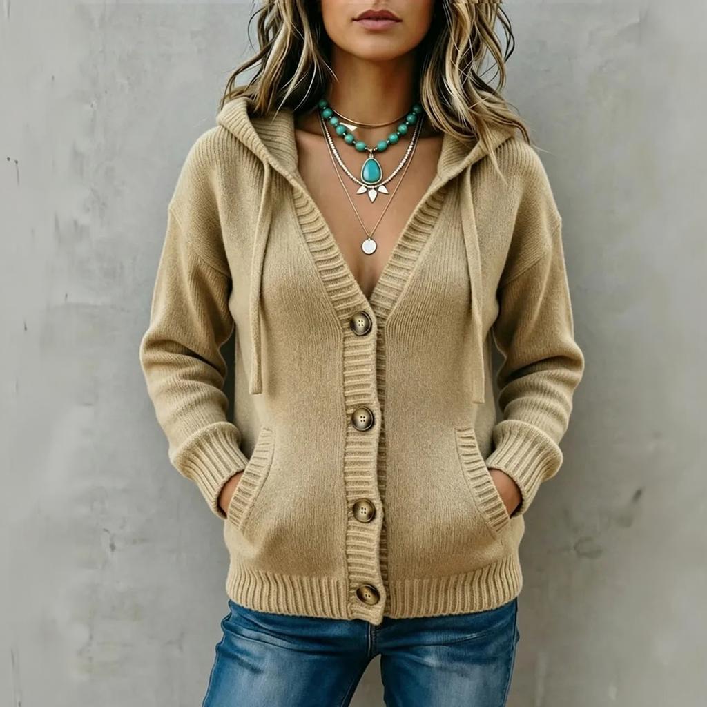Cardigan a maglia con cappuccio da donna comodo con chiusura a bottoni per l'uso casual autunnale invernale