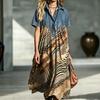 Women's Casual Denim Patchwork Dress Loose Fit Vintage Print Button Dress for Everyday Wear