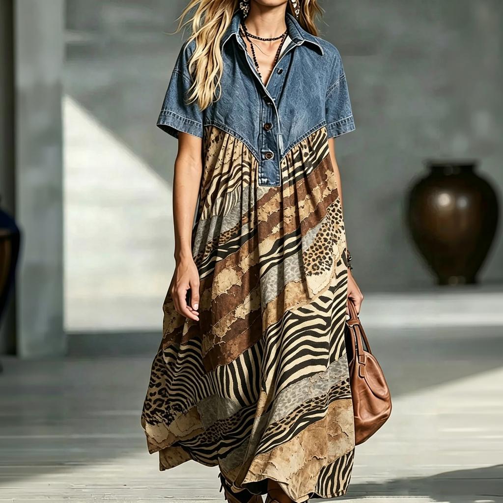 Women's Casual Denim Patchwork Dress Loose Fit Vintage Print Button Dress for Everyday Wear