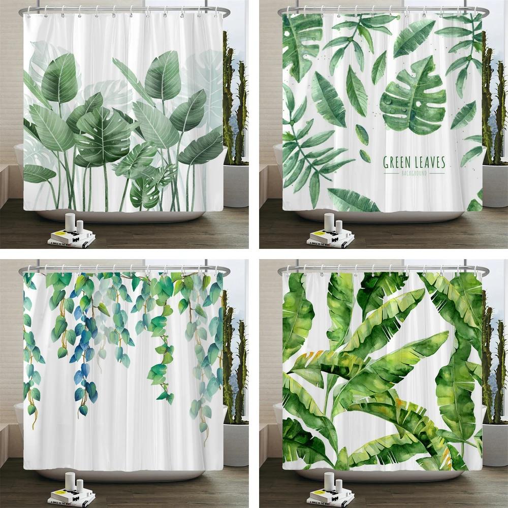 Green Plant Leaves Shower Curtains Bath Curtain Bathroom 3d Printed Fresh Waterproof Polyester Cloth With Hooks Home Decor Mat