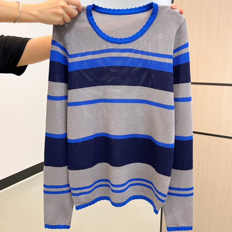 Jesienno-zimowy sweter dzianinowy z kontrastowymi paskami i ażurowym wzorem, z długim rękawem, damski sweter bazowy