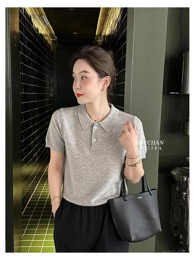 Korean Style Slimming Polo Collar Knit Shirt - Women's Casual Summer Pullover