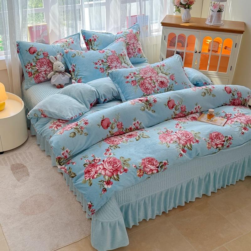 Thickened Milk Fleece Bed Cover Four-Piece Set, Fleece Bed Sheet Quilt Cover, Baby Fleece Three-Piece Set, Bedding