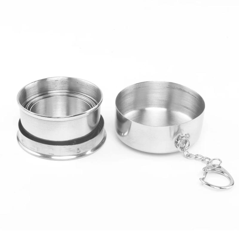 1Pc 75ML Stainless Steel Folding Cup Keychain Stainless Steel Folding Retractable Cup Teacups Teaware Folding Glass