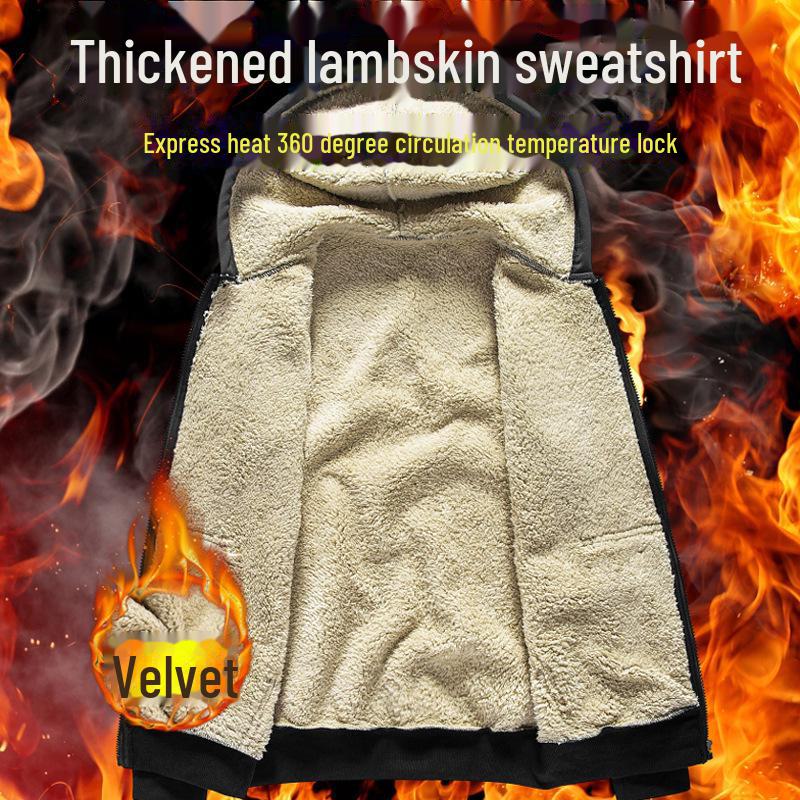 Men's Lambskin Hooded Sweater Cardigan - Warm, Versatile, Zippered, and Thick for Autumn and Winter.