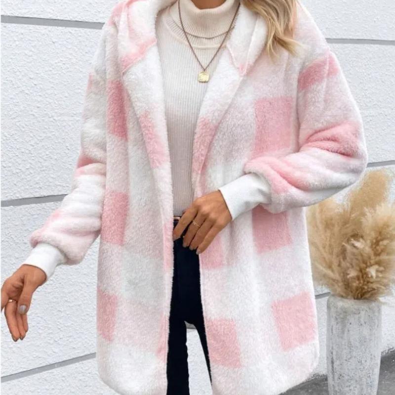 Fuzzy Fleece Open Front Hooded Cardigan Jackets Sherpa Outerwear Coats with Pockets Women's Cozy Soft Flannel Jacket, Warm Checkered Outerwear