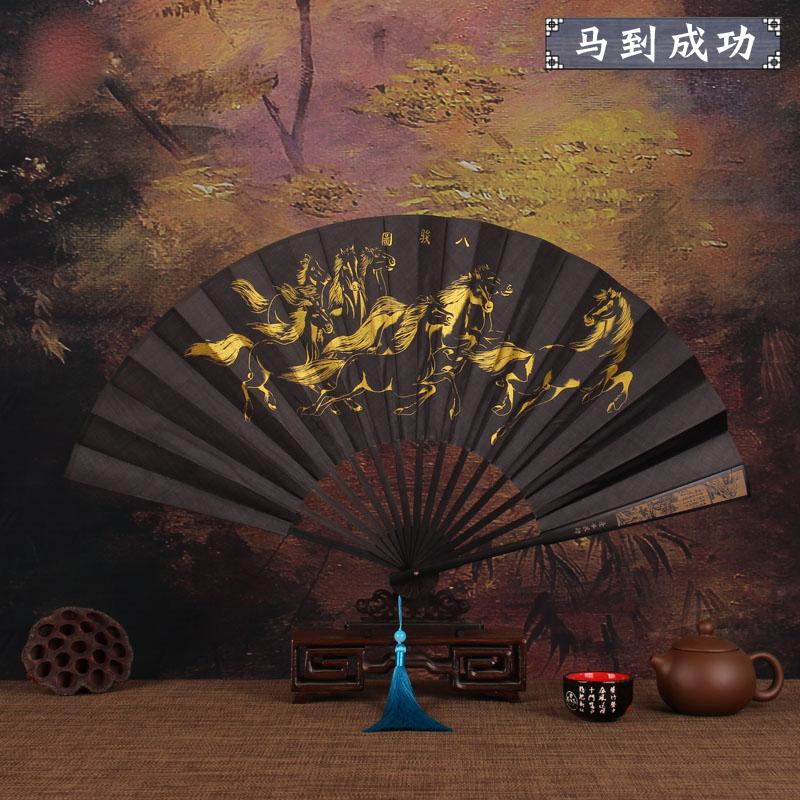 Retro style men's big folding fan with fan tassel Portable daily decorative hand fan Laser engraving fan bone Durable hand fan