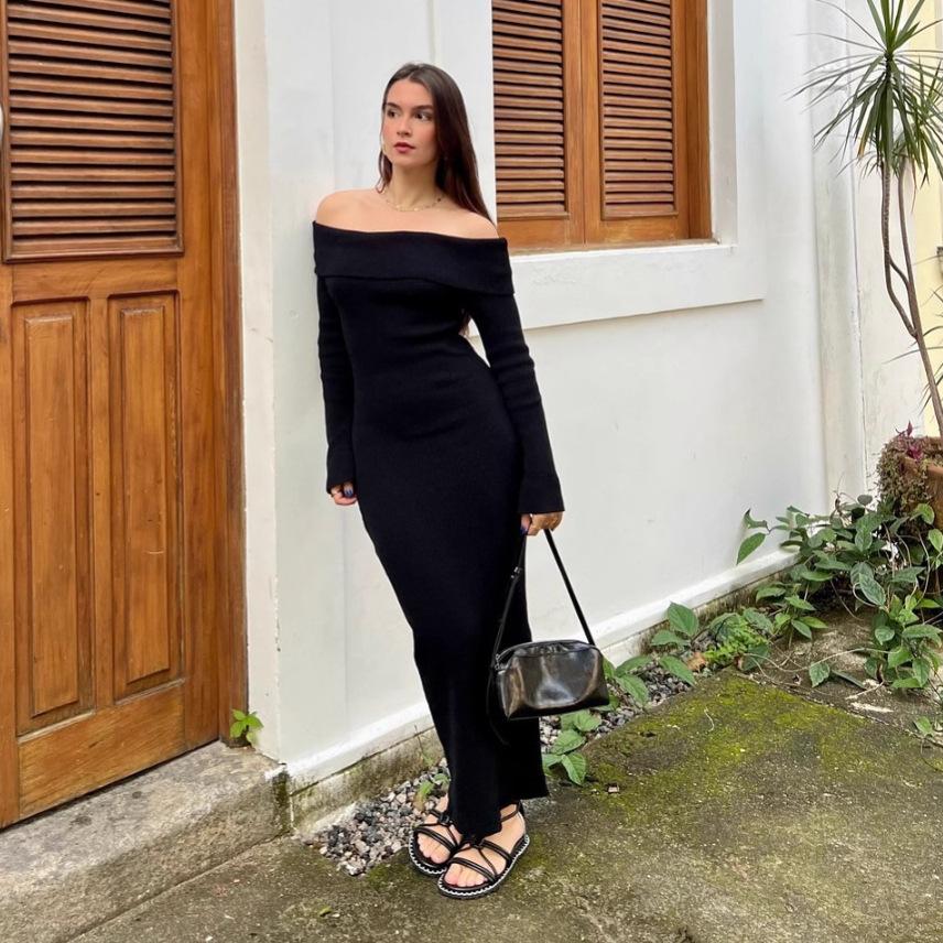 2025 Autumn Women s Off-Shoulder Knitted Long Dress - European/American Style S чёрный