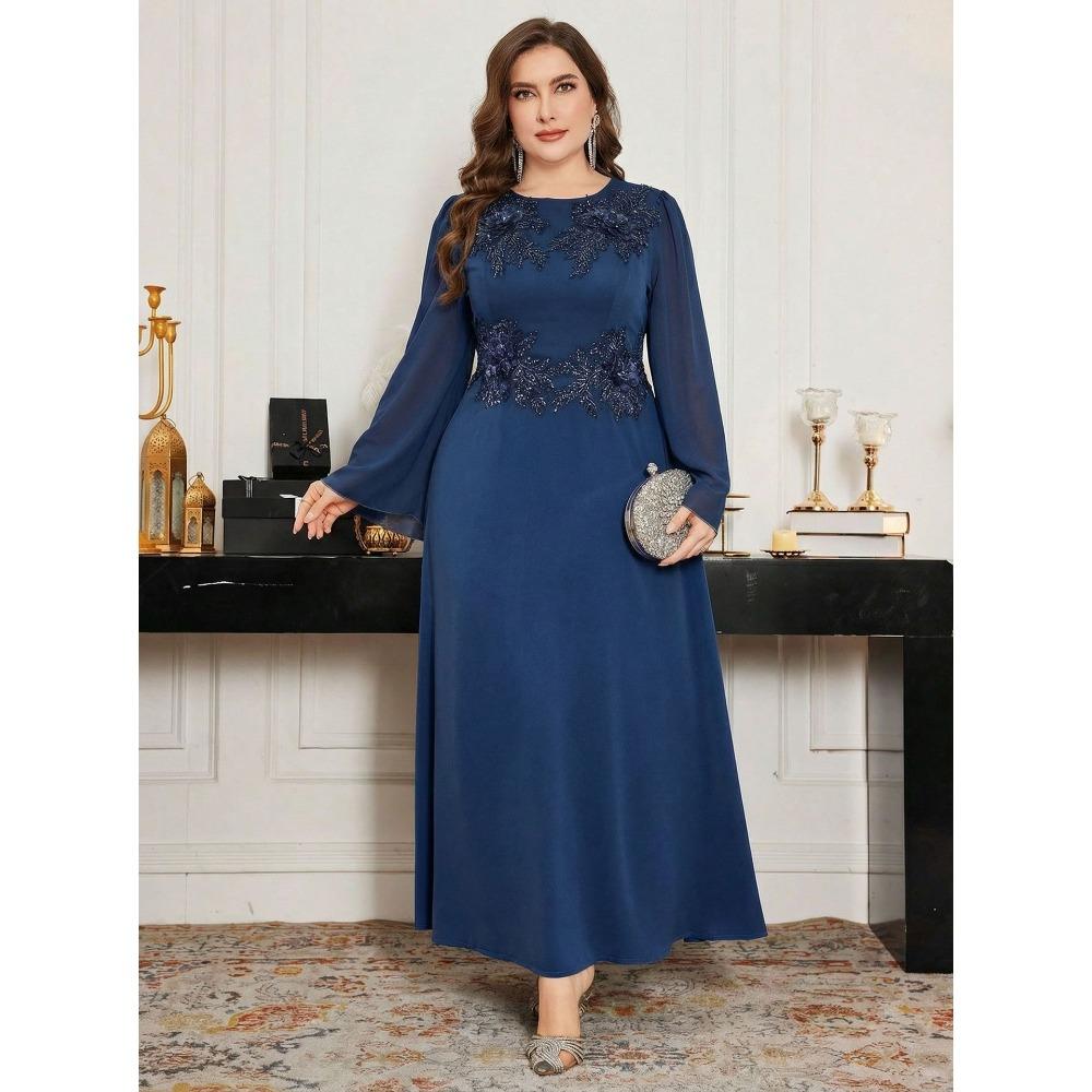 Plus Size Elegant Round Neck Beaded Embroidered Sequin Evening Gown Formal Wedding Party Bridesmaid Dress