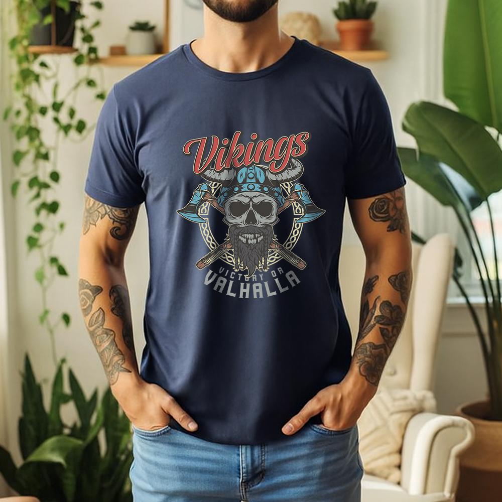 2026 Summer 100 Cotton Vikings Valhalla Graphic Oversized Tee Viking Valhalla Skull Norse Mythology Themed Short Sleeve