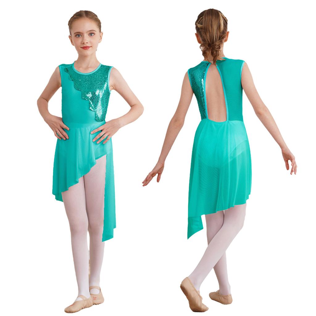 Rochie de dans liric cu paiete, fără mâneci, cu gât rotund, pentru copii, fete