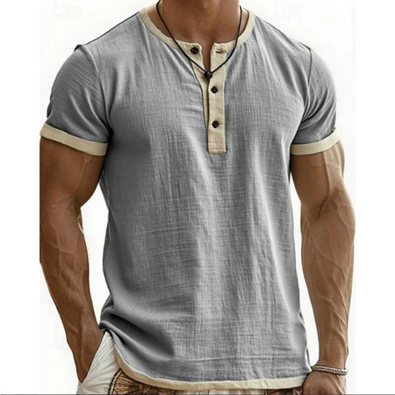 Men Summer New Vintage Contrast Color Casual Henley Neck Short Sleeve T Shirt Polo