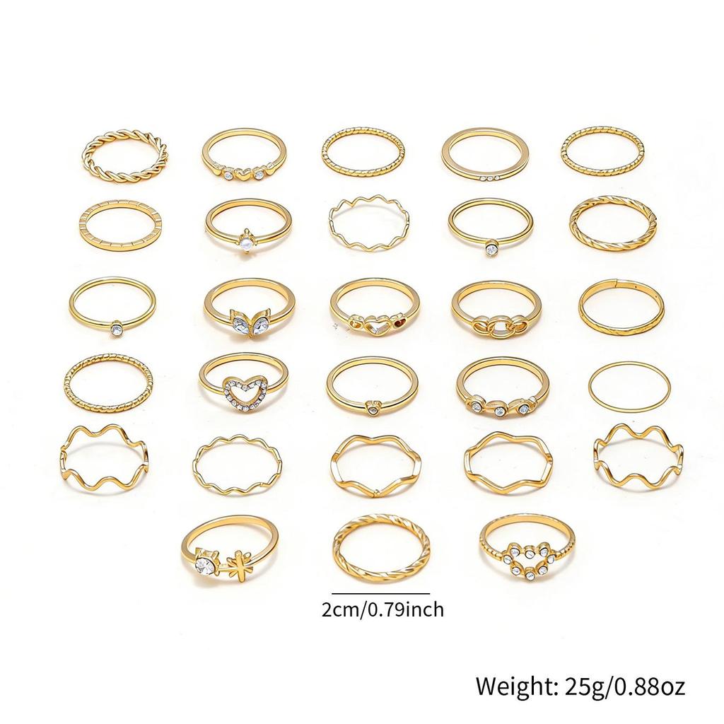 Cross-Border Diamond Heart Wave Ring Set: 28-Piece Gold Geometric Joint Rings