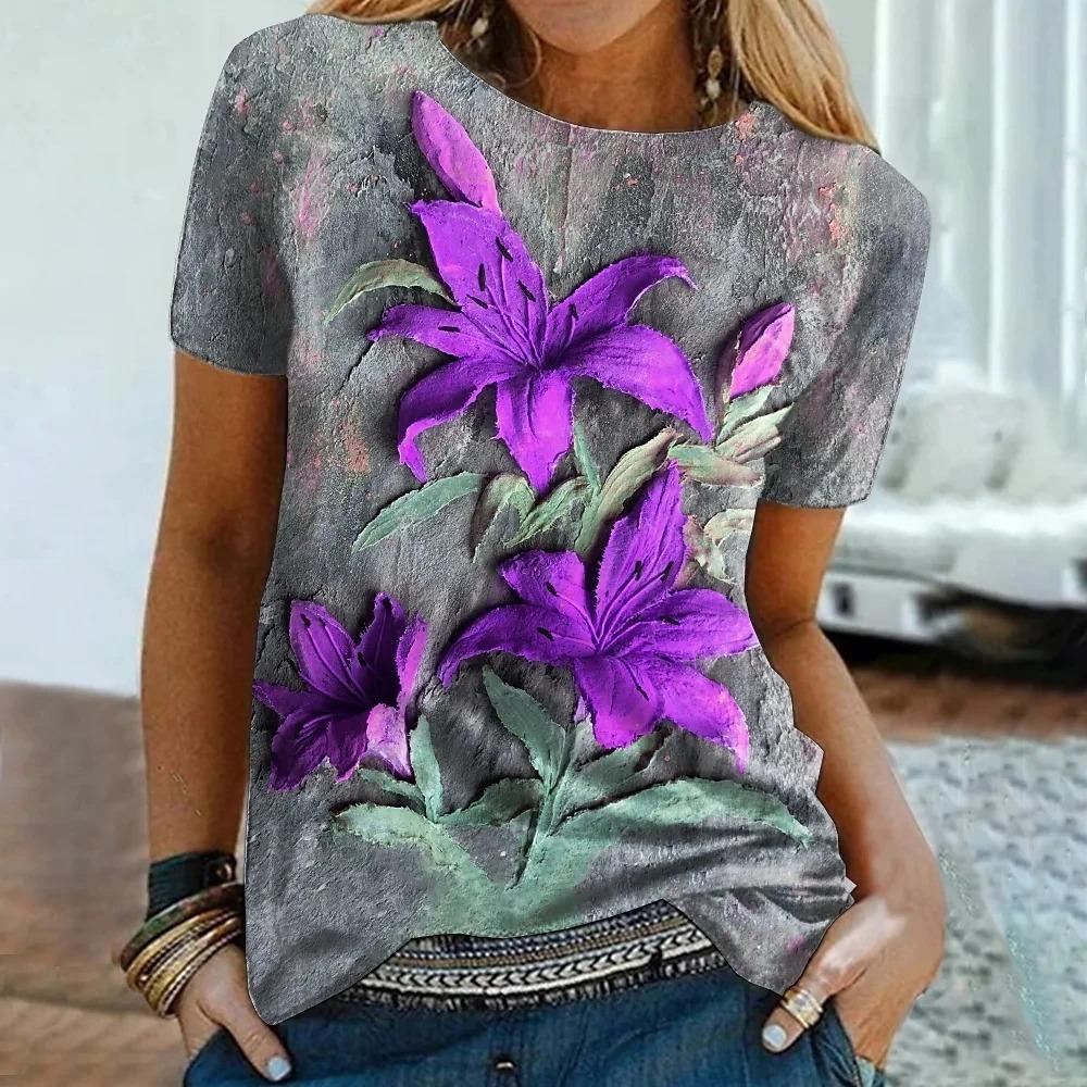 Women's colorful rose printed T-shirt, summer popular short sleeved shirt, round neck casual loose T-shirt, streetwear