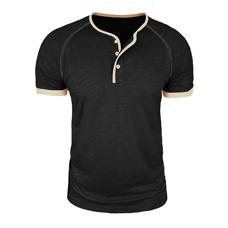 Men's Contrast Piping Raglan Henley T Shirt Placket Slub Cotton Short Sleeve Casual Summer Tee