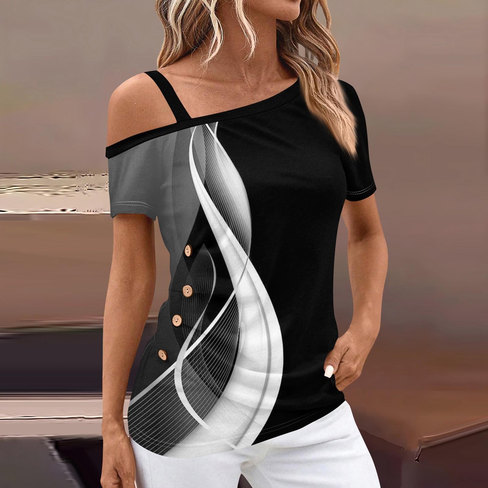 

Женские топы с открытыми плечами, плиссированные футболки с асимметричным вырезом и короткими рукавами, принты XL чёрный