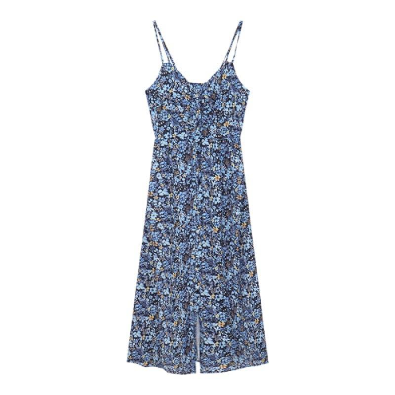 Floral v-neck suspender dress women s summer sweet hottie skirt blue retro temperament split-ended long dress S