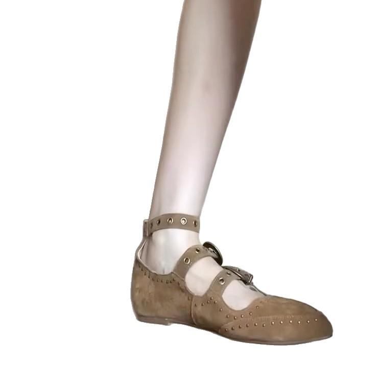 Blue Cabinet Version~ Pointed Flat Bottom Inner Height Increase Casual Mary Jane Shoes Women's Brown Rivets One Word with Shallow Mouth Single Shoes