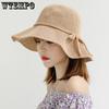 Women’s Breathable Knit Crochet Sun Hat Lightweight Hollow Out Bucket Hat with Bow Knot Detail Wide Brim UV Protection Summer Beach Hat