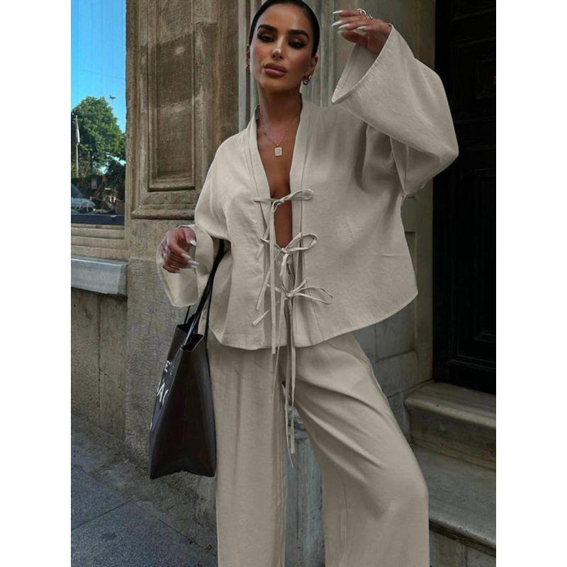 Solid Casual Two-piece Set European and American Fashion Lace-up Shirts Trousers Set Women Casual Two-Piece Set