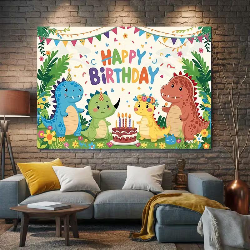 Vibrant Cartoon Dinosaur Birthday Backdrop Kids Dino Party Scene Photography Background Cloth