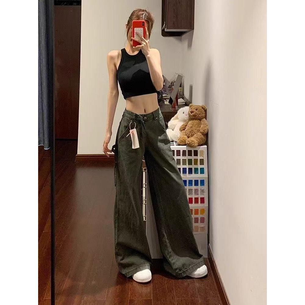 Damen Low Waist Militärgrün Cargo Schlagjeans - Herbstkollektion, Weitbein, Lockere Passform, Schlankmachend, Bodenlang.