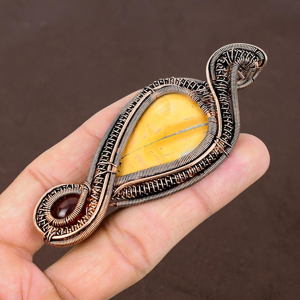 Natural Yellow Mookaite, Amber Handmade Copper Wire Wrap Pendant 3.74" V5h98