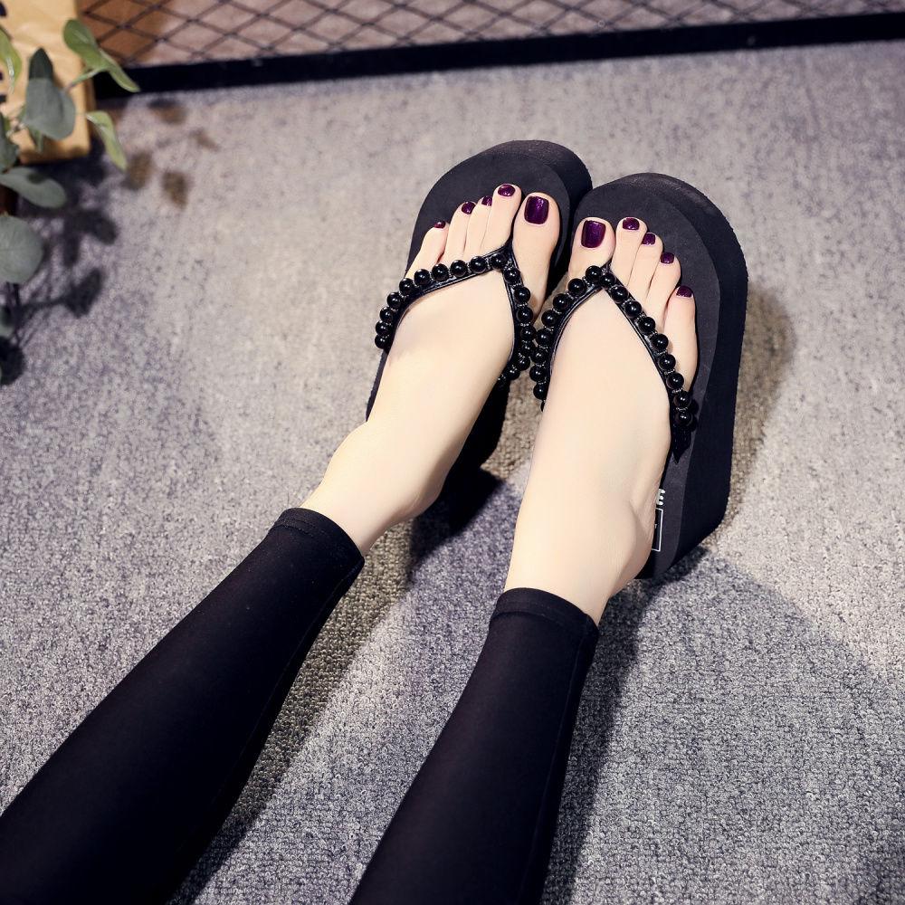 Platform Shoes for Women Flip Flops Slides On Beach Pearl Heeled Woman Slippers Slip-resistant Top Designs Sandals Korea Style
