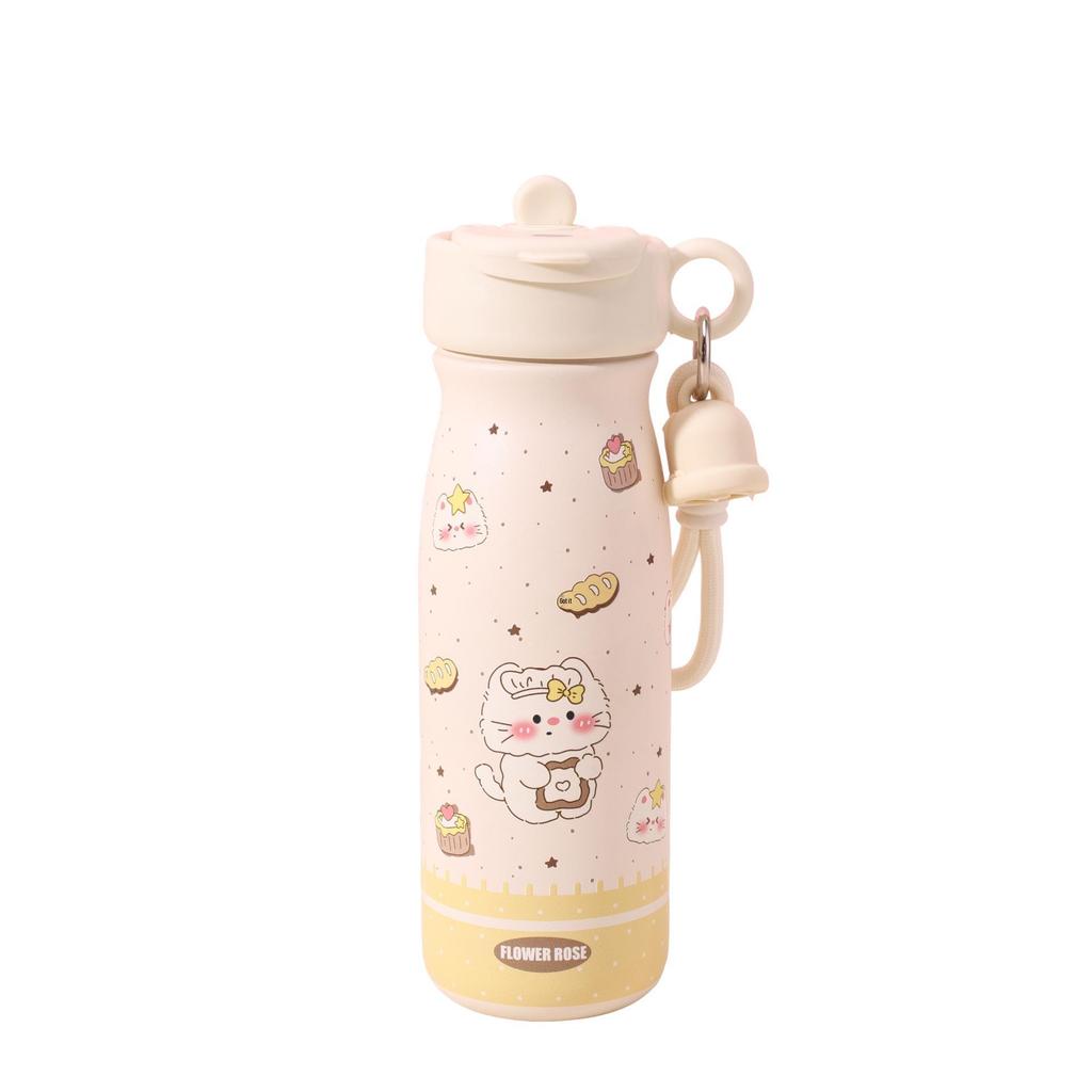 Sweet Cartoon Heart Thermos Cup with Lanyard – Portable Flip-Top Water Bottle for Students & Travel
