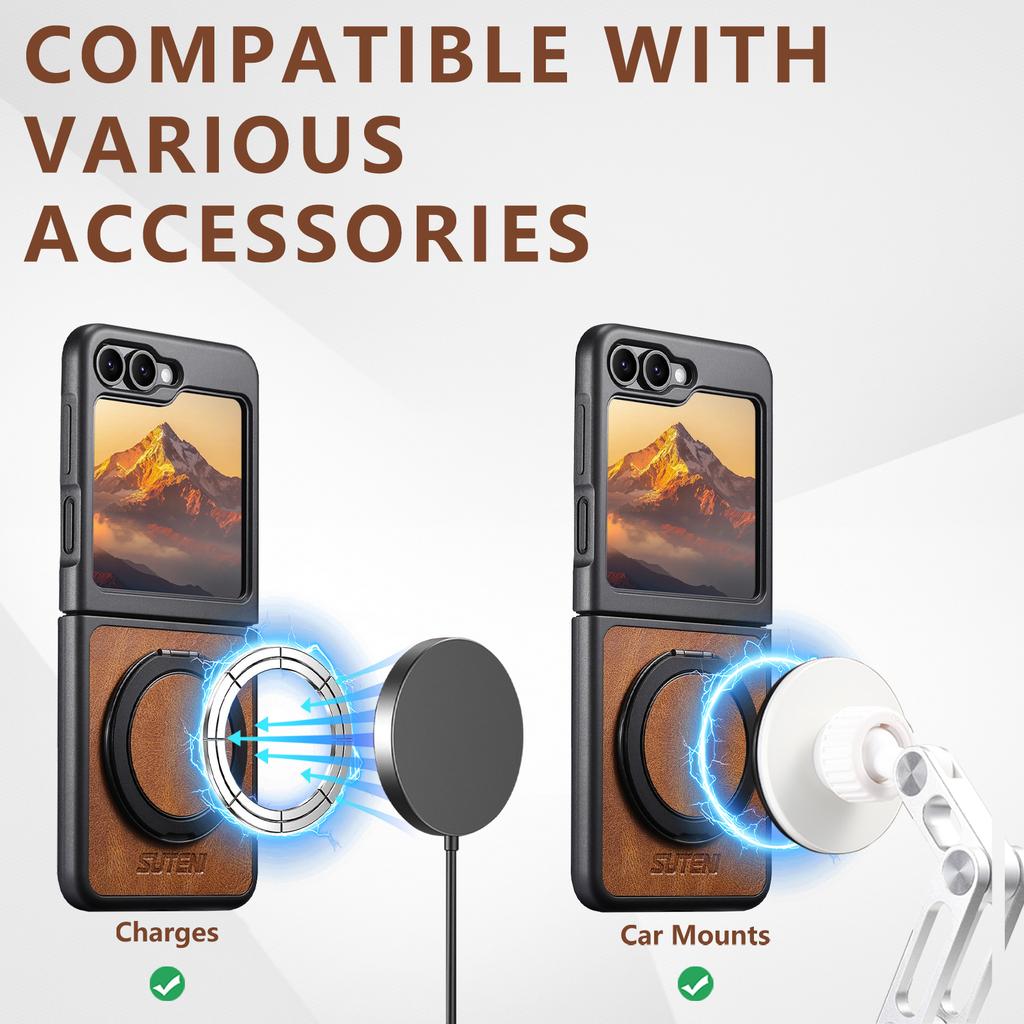 SUTENI G3 For Samsung Galaxy Z Flip7 FE 5G/Z Flip6 5G Case Compatible with MagSafe Waxy Texture Rotating Kickstand Leather Phone Back Cover