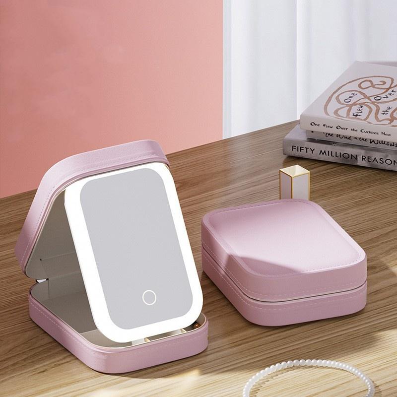 Makeup Bag With Mirror for Women Portable Cosmetic Storage Bag Small Lipstick Brush Wireless Makeup Box With Light Travel Makeup