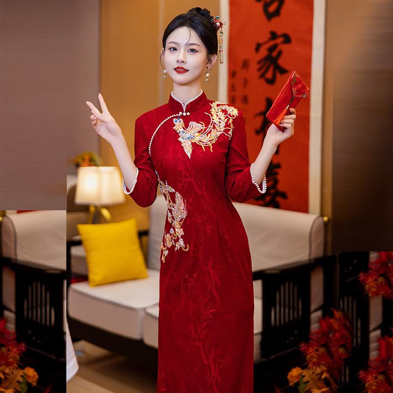 Phoenix Embroidery Red National Style New Chinese Long Sleeve Improved Cheongsam Women's Premium Bridal Toast Engagement Dress