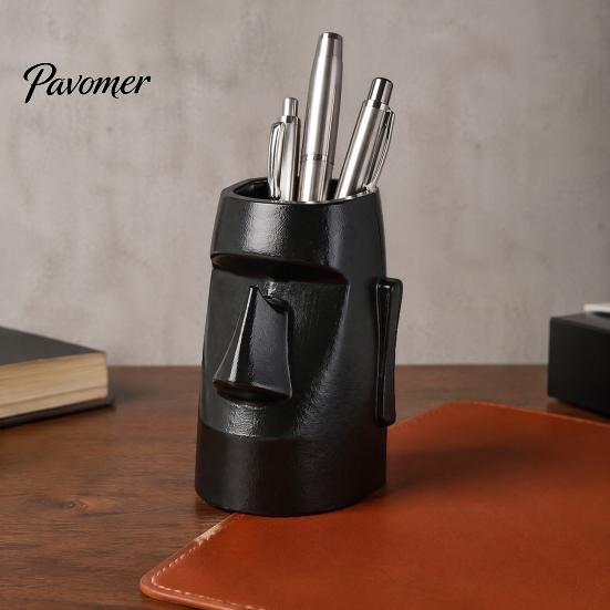 Stationery Storage Cup Resin Glass Stand Pen Holder, Moai Statue Pencil Container, Desktop Box Desk Organizer Eyeglass Display Rack for Home