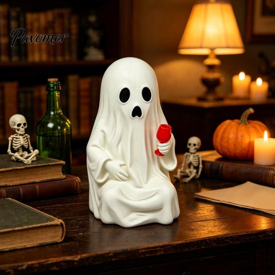 Personalized Holiday Ornaments 3D Printed Ghost Figurine with Wine Glass, Funny Halloween Desktop Dark Style Decorations Decor Statue, Novelty