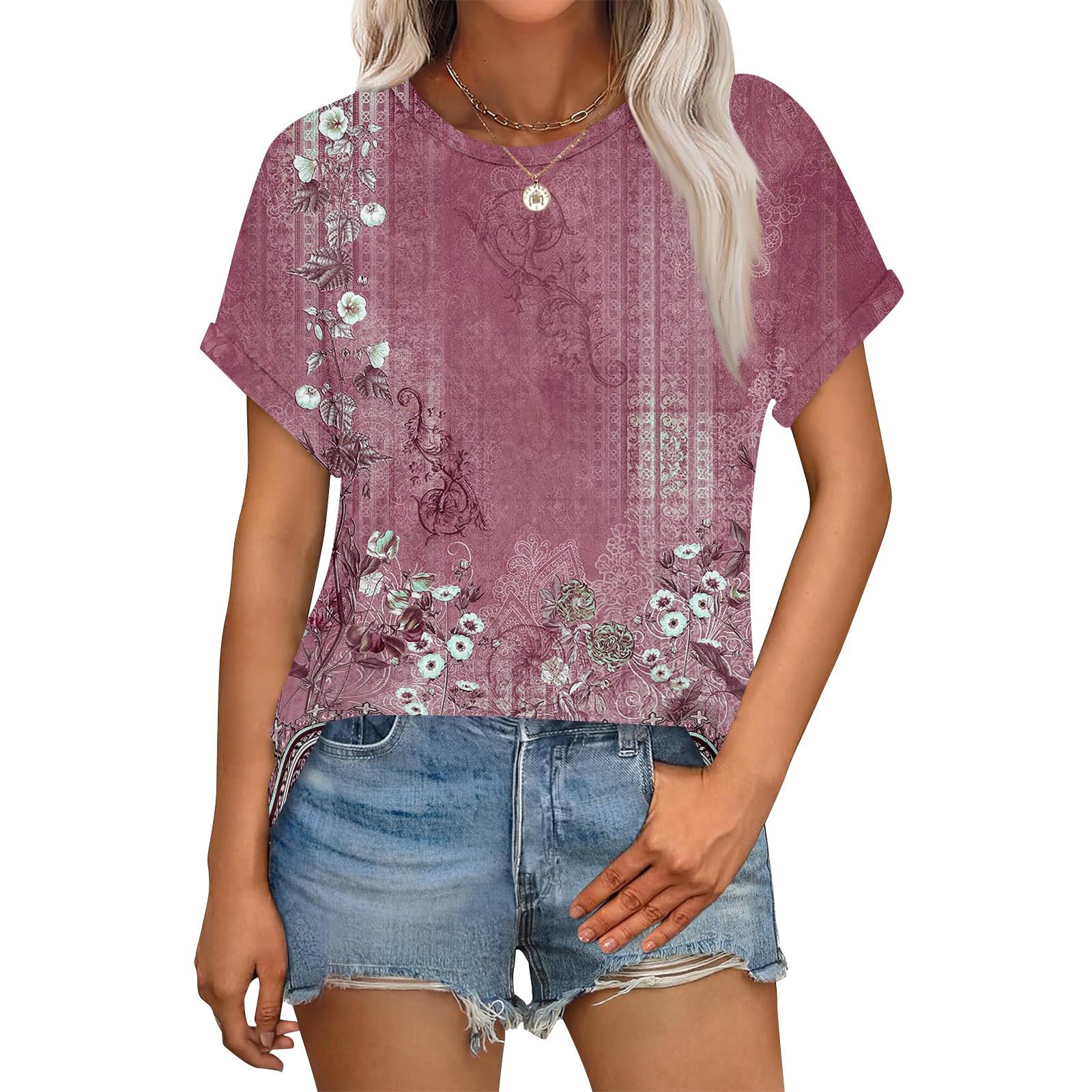 

Женский повседневный модный топ с круглым вырезом и коротким рукавом с цветочным принтом XL винный