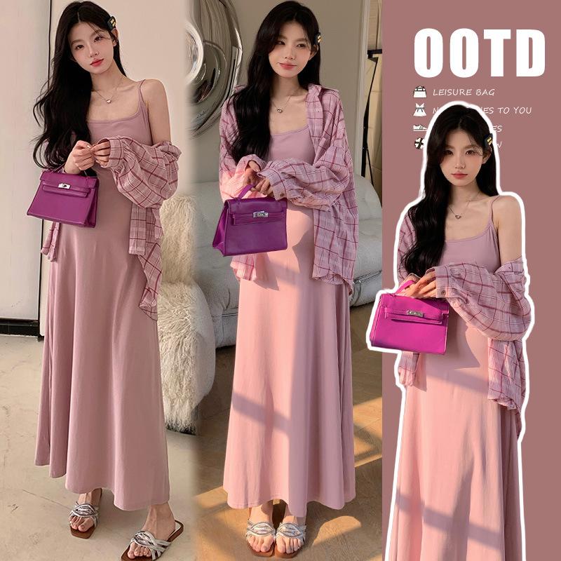Spring 2026 Korean Maternity Fashion: Suspender Dress & Plaid Shirt Two-Piece Set L